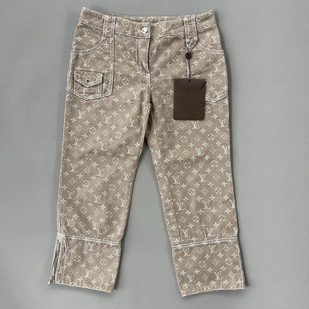 Louis Vuitton Monogram Zip Side Capri Denim Jeans Khaki Tan Size 34